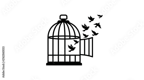 Open birdcage with flying birds a black silhouette on a white background