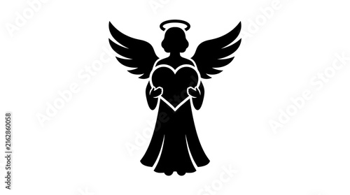 Black silhouette of an angel holding a heart against a white background
