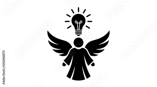 Winged figure with lightbulb head a black silhouette on white background