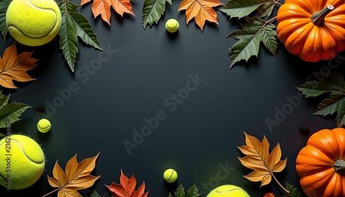 Tennis frame from text by bright yellow tennis balls, mini orange pumpkins, and dry autumn maple leaves, leaving ample negative copy space in the center