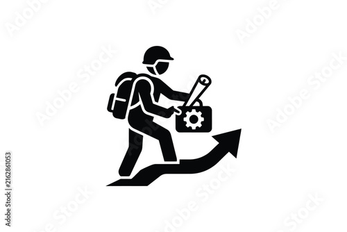Black icon of engineer walking upward on growth arrow holding blueprint and tool briefcase.