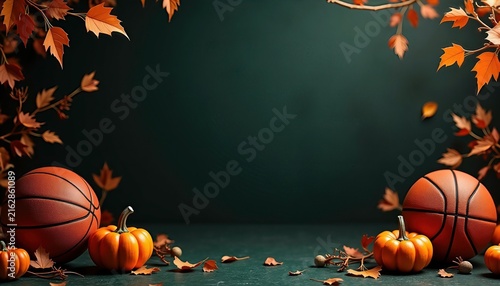 horizontal frame shot showcasing a dark green surface flanked by basketballs, small orange pumpkins, and scattered autumn leaves, creating a framed border layout with central copy space 