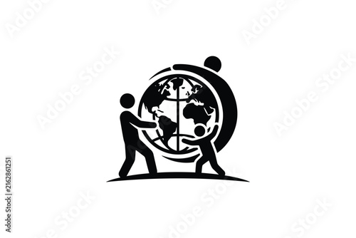 Black icon of stick figures holding and supporting planet earth globe together.