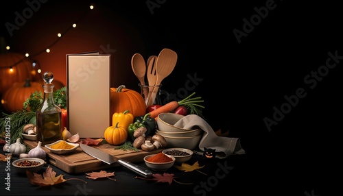 Halloween dinner table with seasonal pumpkins, autumn vegetables, candles, wine, plates and kitchen utensils in warm lighting. Dark setting with festive fall mood copy space/ Halloween menu mock up