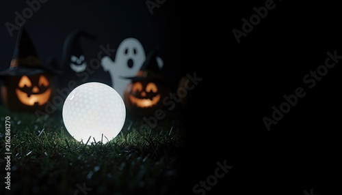 halloween golf night scene with golf ball, cartoon choosts, space for text, Halloween background