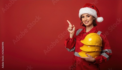 Smiling female construction worker in a Santa hat holding a yellow hard hat against a vibrant red background, festive Christmas and construction concept with ample copy space