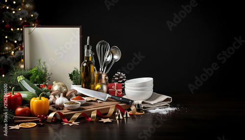 Christmas restaurant menu mockup with a blank card, festive table setting, candles, cutlery, wine and seasonal decorations. Dark elegant background with warm lights and generous copy space.