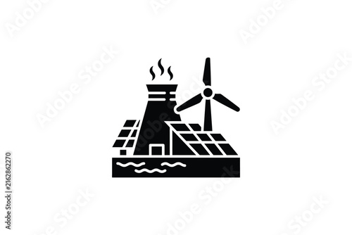 Black icon representing renewable and alternative energy generation with solar panels wind turbine power plant and water wave.