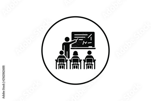 Teacher explaining lesson on blackboard to students icon symbol inside circle.