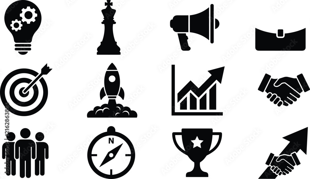 Fototapeta premium Set of black business and management icons representing strategy, growth, and corporate success