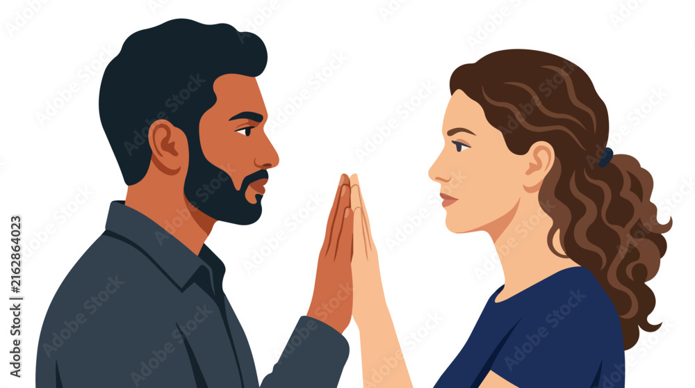 Fototapeta premium Interracial couple palm touch connection and emotional intimacy modern flat vector illustration for marriage therapy services