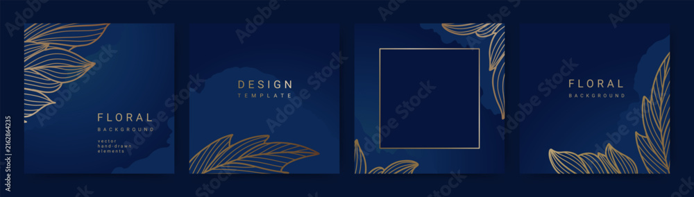 Naklejka premium Elegant luxury blue background with hand drawn golden line art floral pattern. Floral frame. Vector templates for wedding invitation, greeting card, packaging, branding, design, social media