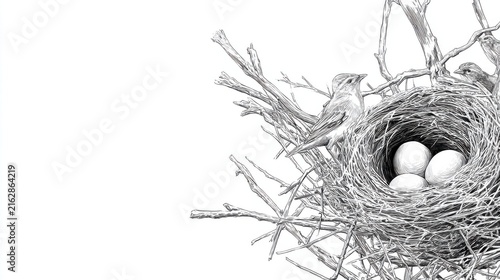 Bird Nest with Eggs and Bird Illustration in Black and White Style