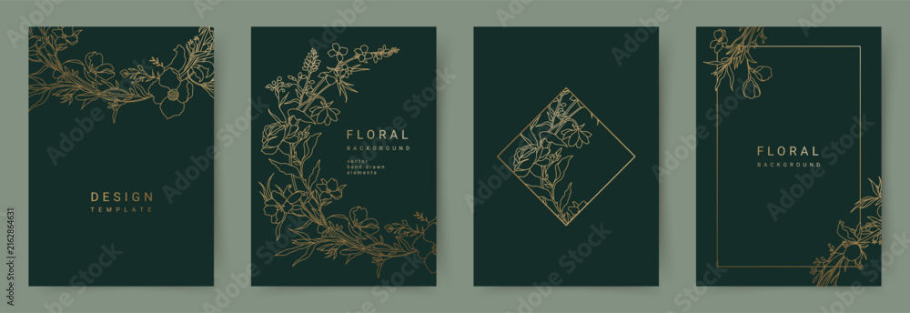 Fototapeta premium Elegant set of luxurious green backgrounds with hand drawn golden line art flower pattern. Floral frame. Vector templates for wedding invitation, greeting card, packaging, branding, design