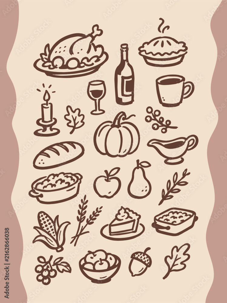 Naklejka premium Thanksgiving Food Doodle Set Illustration