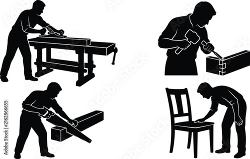 Foto Set of black silhouettes featuring a carpenter woodworking, cutting lumber, carving, and inspecting a chair