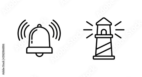 Black and white vector line art icons illustrating a sound notification bell and coastal lighthouse with lighthouse notification navigation isolated minimalist collection creative