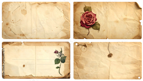 Four aged paper backgrounds with sepia tones. Each background has unique vintage elements, including a rose