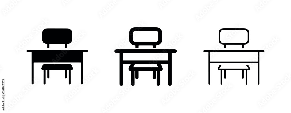 Fototapeta premium School desk and chair icon set, three variations of student furniture, representing study, work, or classroom.