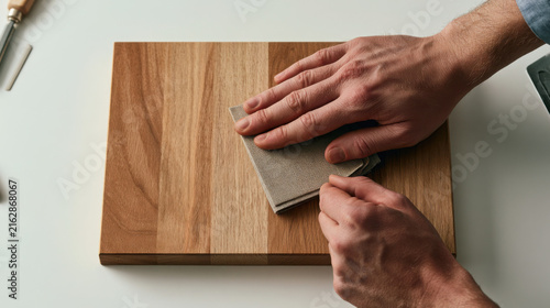 Hands carefully smoothing the edge of a notebook on a wooden table  