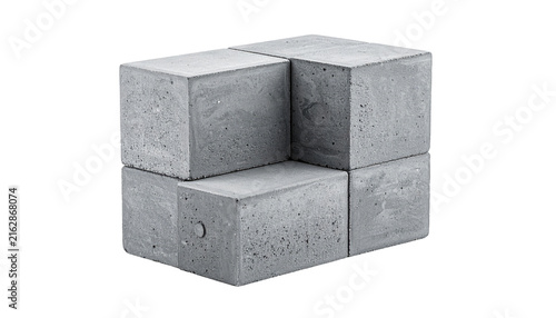 Four concrete cubes arranged to form a blocky, geometric structure, presented against a plain black background