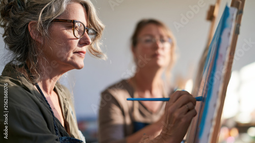 Two adult women painting side by side in an art studio  