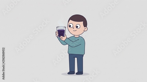 Young person holding a glass of dark purple liquid with swirling patterns and steam rising