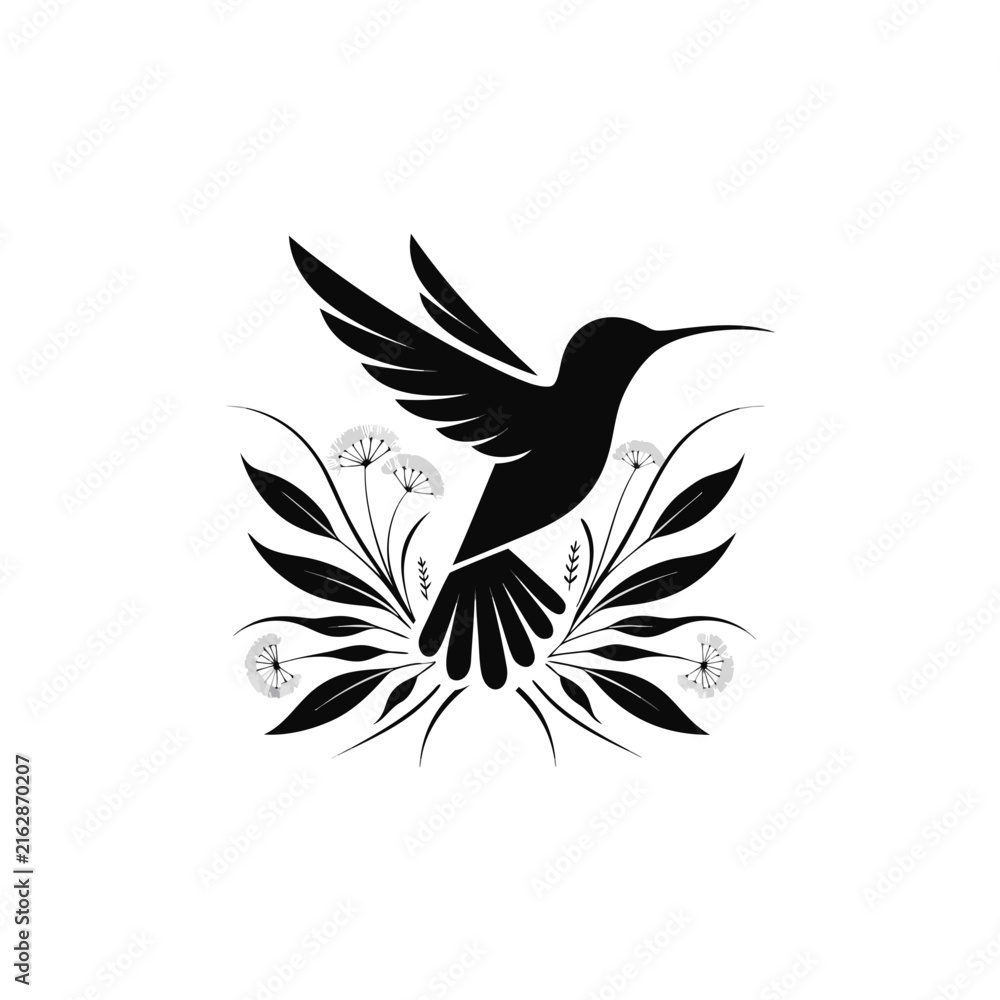 Fototapeta premium Hummingbird flying among floral leaves and dandelion flowers black and white vector graphic
