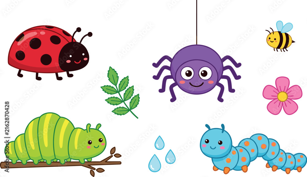 Fototapeta premium Cute Cartoon Insect and Bug Vector Illustration Set with Ladybug, Purple Spider, Green Caterpillar, Blue Centipede, Bee, Flower, and Leaf Icons