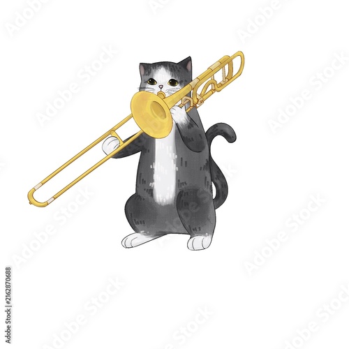 Fotografie Cute Gray and White Cat Playing Trombone Illustration