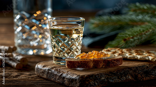Clear alcoholic drink shot glass with bread and spread on a wooden board, beverage