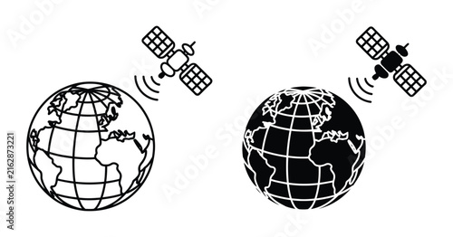 Linear isometric icon featuring a global communication globe connected to an orbiting satellite through signal waves and space technology