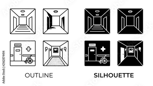 Obraz na płótnie Medical Hallway Icons: A set of graphic icons representing a medical hallway in both outline and silhouette styles, featuring a stretcher and a medical cross