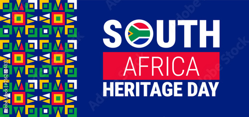 South Africa Heritage Day Celebration Banner Design with Traditional Geometric Pattern Side Border, Flag Emblem Typography, and Dark Blue Background Template