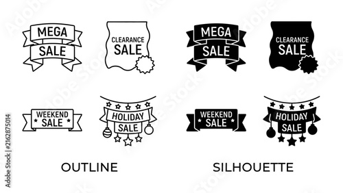 Foto Sale Labels Collection: A versatile set of graphic design elements featuring various sale promotions, including 'Mega Sale', 'Clearance Sale', 'Weekend Sale', and 'Holiday Sale'