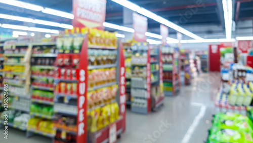 Blurred background of interior of supermarket store aisle with various products on shelves and a prominent 