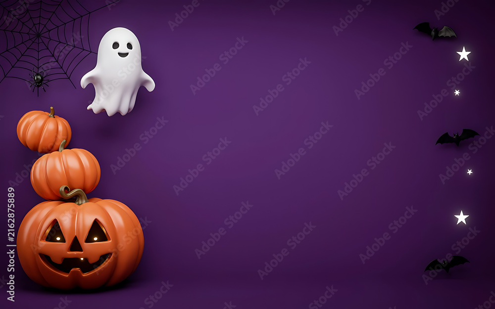 Fototapeta premium A Cute Halloween Background Featuring Smiling Pumpkins A Friendly Ghost And Bats