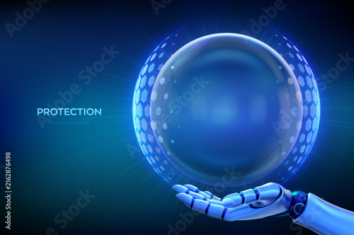 Transparent protection sphere shield in robotic hand. Energy shield with hexagon pattern on blue background. Cybersecurity, data protection, digital security and safety concept. Vector illustration.