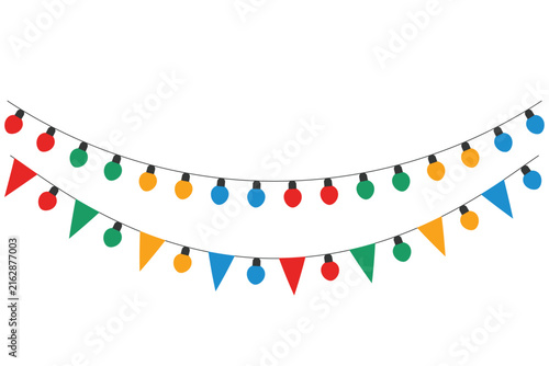 Festive carnival garland bunting flags and colorful string lights for party celebration decoration elements isolated on white background with lights arranged cheerful
