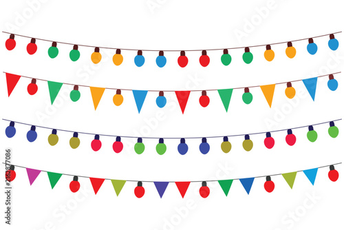 Vibrant colorful string lights and triangle bunting flags for festive party decorations with atmosphere suitable celebratory event graphic projects