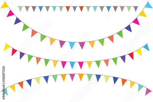 Colorful triangular bunting flags hanging on strings for festive celebration decorations with festive parties celebrations provide cheerful decorative