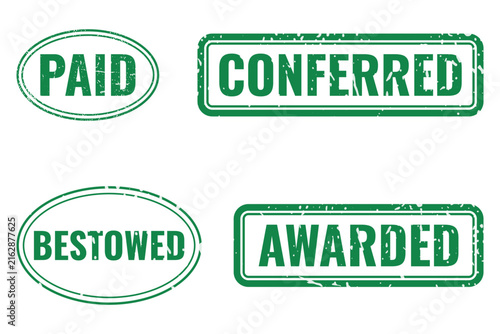 Green grunge rubber stamp collection featuring paid conferred bestowed awarded text labels with professional documentation administrative administrative office use