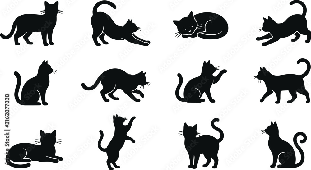 Fototapeta premium Black Cat Silhouette Icon Set with Various Poses and Actions for Halloween Designs, Logos, Icons, and Creative Projects