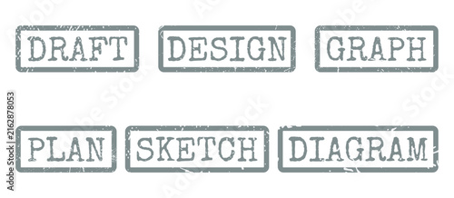 Grunge rubber stamp typography collection featuring draft design graph plan sketch diagram words