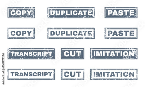 Distressed grunge rubber stamp collection with displaying various administrative professional document processing administrative editing commands