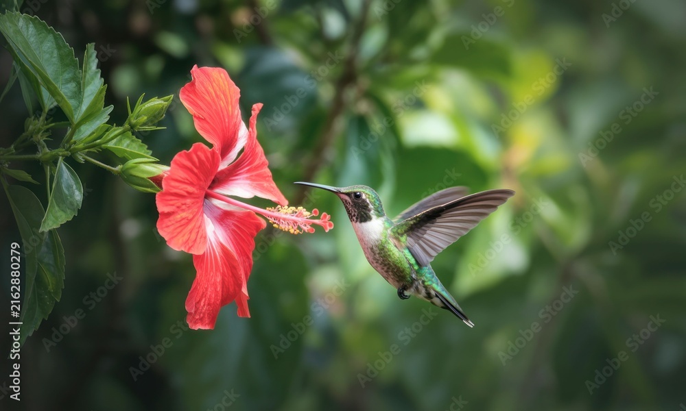 Naklejka premium A hummingbird hovers near a vibrant hibiscus flower, its wings in motion