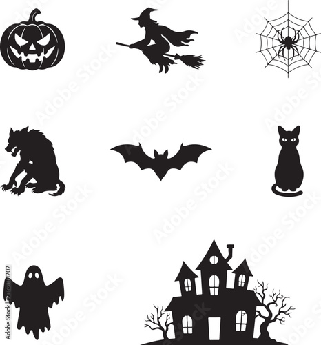 Set of halloween icons and silhouettes vector illustration