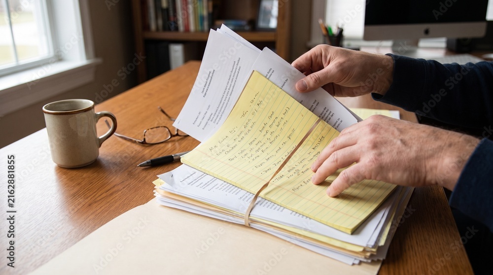 Obraz premium Hands Reviewing Handwritten Notes and Documents on Desk Photo - handwritten notes, legal pad, documents, desk work, papers, office desk, business notes, planning notes, writing, notebook, paperwork