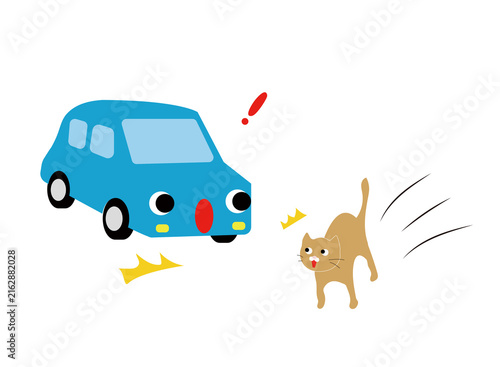 A cartoon blue car and a startled brown cat with exclamation marks, depicting a near-miss or sudden encounter.