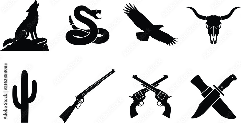 Obraz premium Wild West desert silhouette set featuring wildlife, cactus, animal skull, and cowboy weapons on white background.